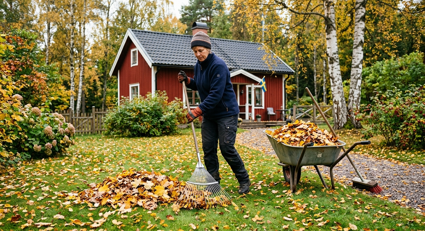 En person krattar höstlöv från en gräsmatta bredvid en skottkärra i en villaträdgård.