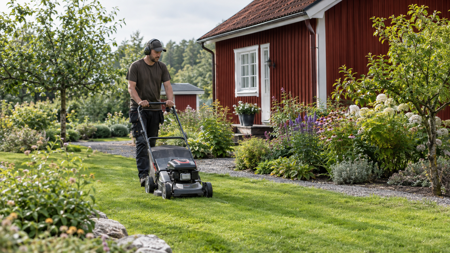 Trädgårdsarbetare klipper en gräsmatta med gångar och rabatter vid ett svenskt trähus.