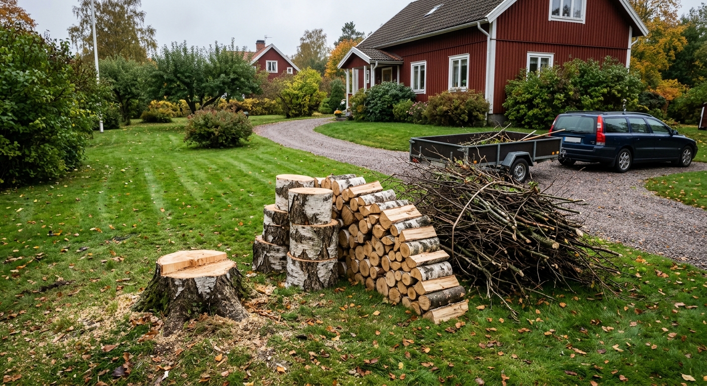 Uppsågad stamved och sorterade grenar efter trädfällning i en villaträdgård