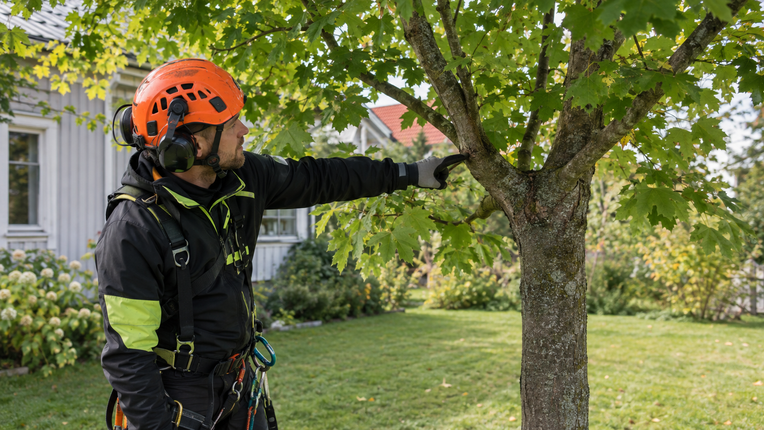 Arborist som undersöker grenkragen på en mindre gren i en lönn i en villaträdgård.