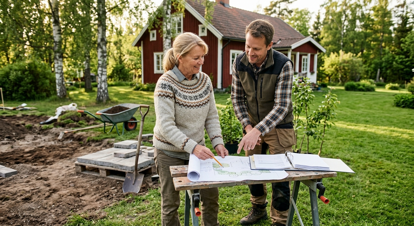 Villaägare och trädgårdsföretag går igenom en offert för ny gräsmatta