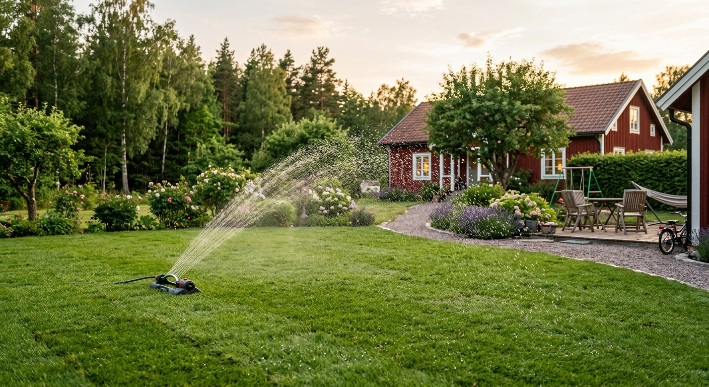 Ny rullgräsmatta vattnas med vattenspridare i trädgård