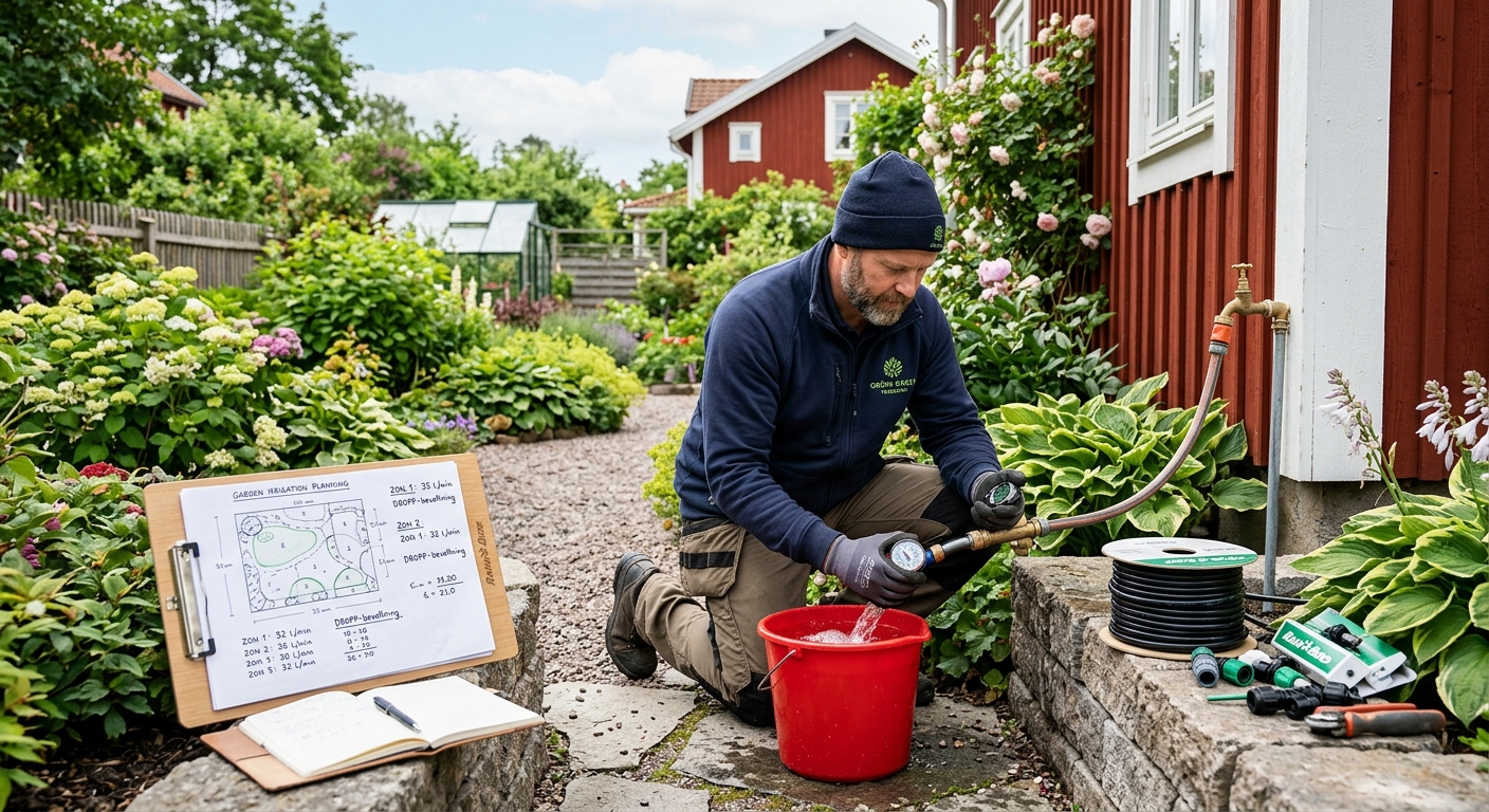 Installatör mäter vattenflöde vid utkastare i en svensk villaträdgård