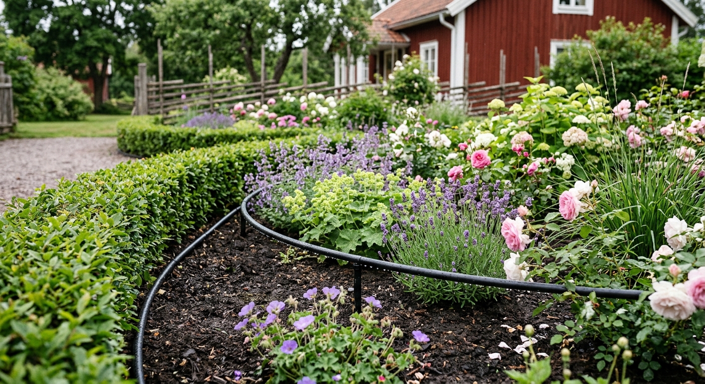 Droppslang längs planterad rabatt