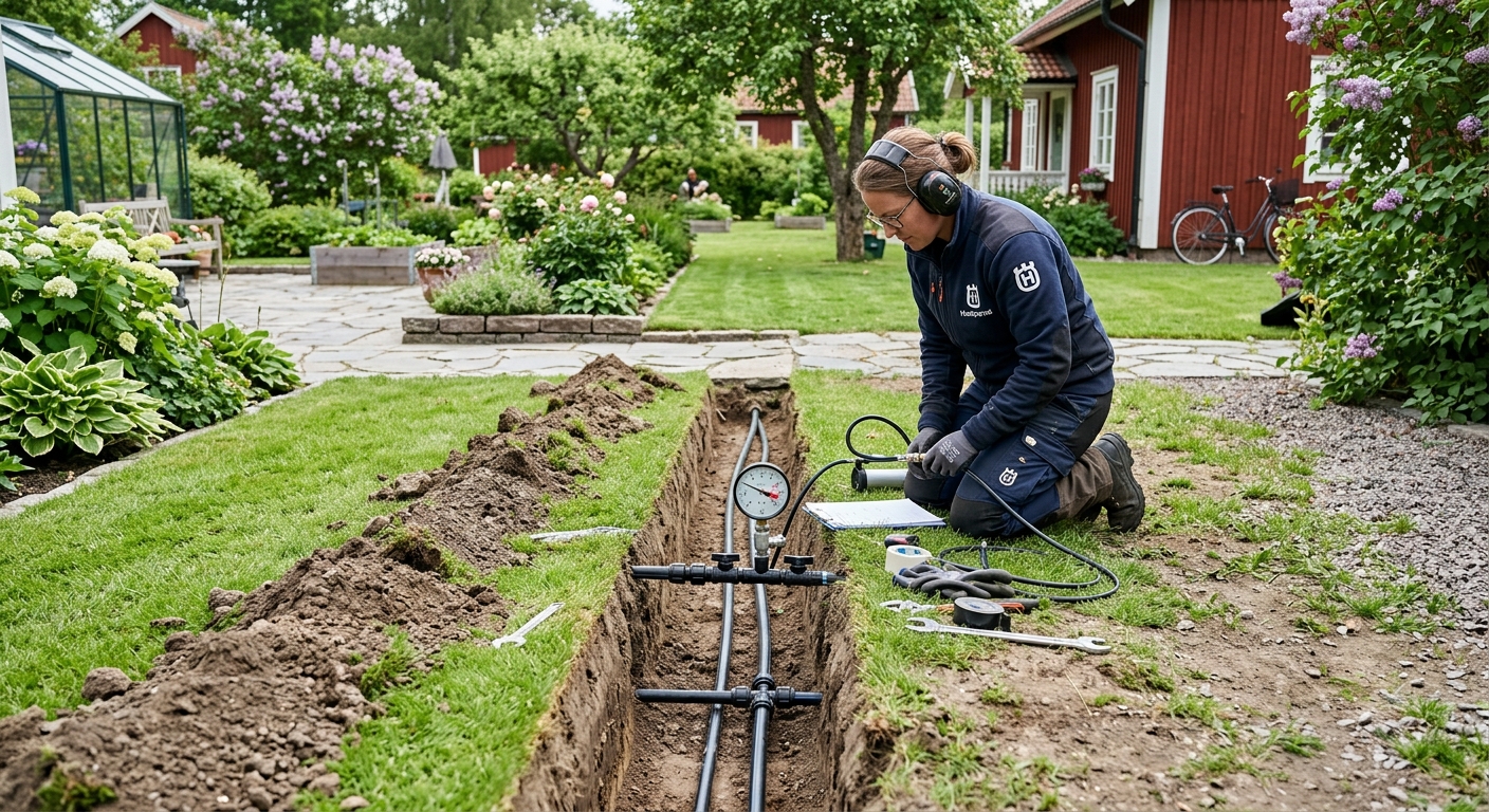Nedgrävt bevattningsrör testas i gräsmatta före återställning