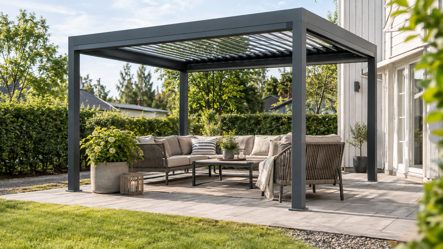 Fristående mörkgrå aluminiumpergola med lamelltak på en stenlagd uteplats vid en svensk villa.