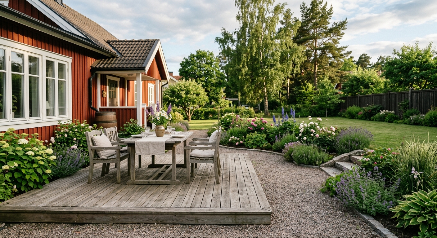 Marknära trädäck i trä vid villa med matplats och grön trädgård