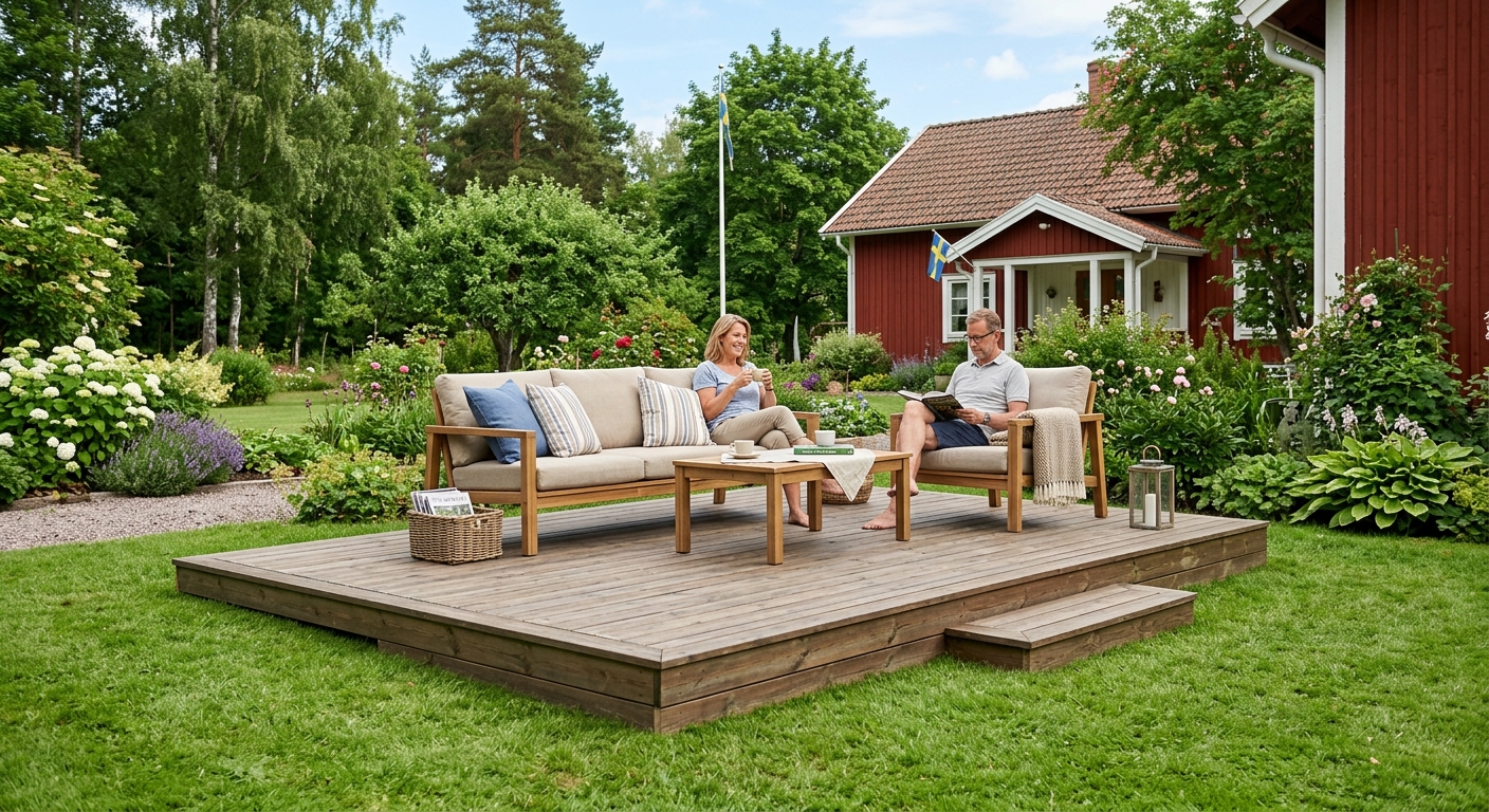 Marknära rakt trädäck med klassisk trätrall
