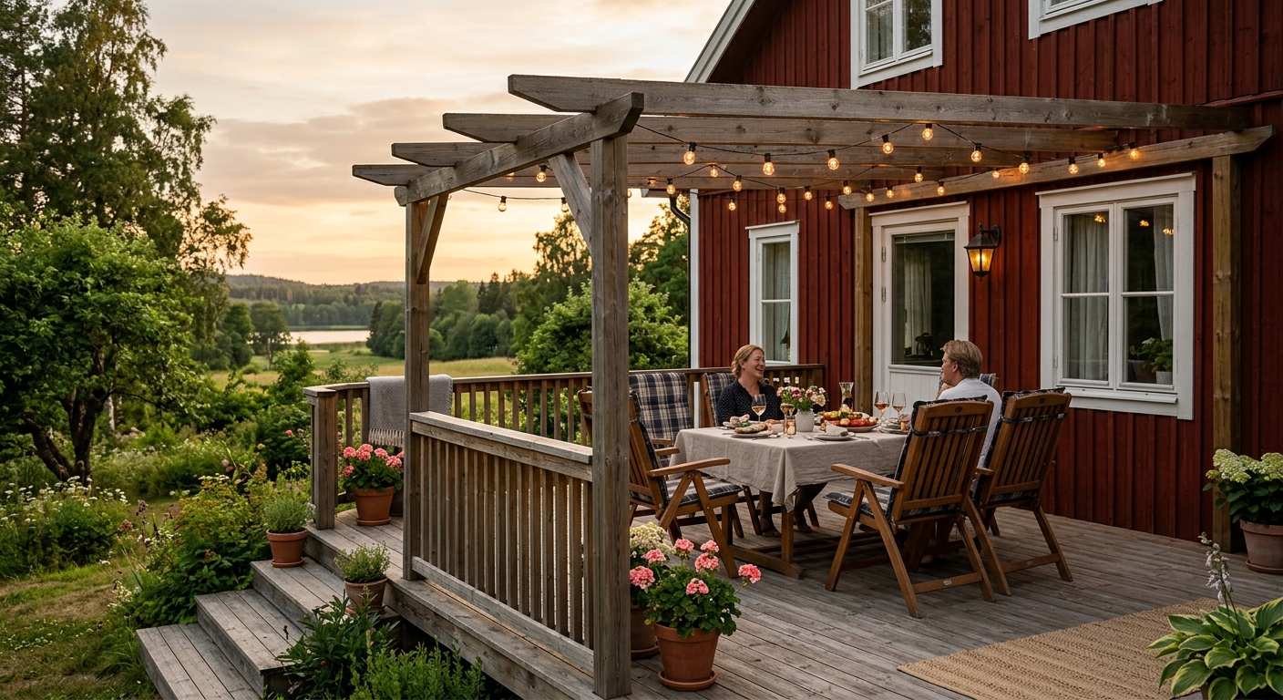 Husanslutet trädäck med räcke och pergola