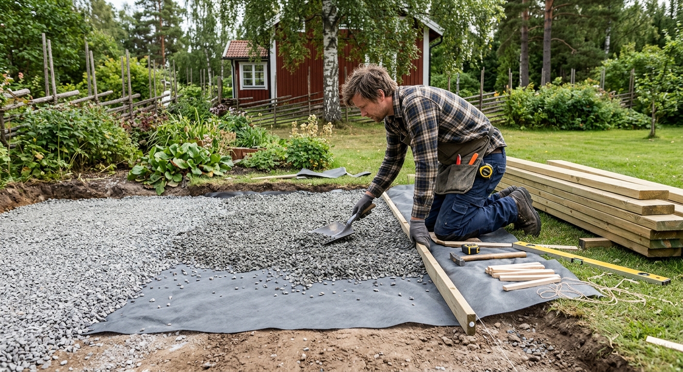 Hantverkare som förbereder dränerande underlag för trädäck