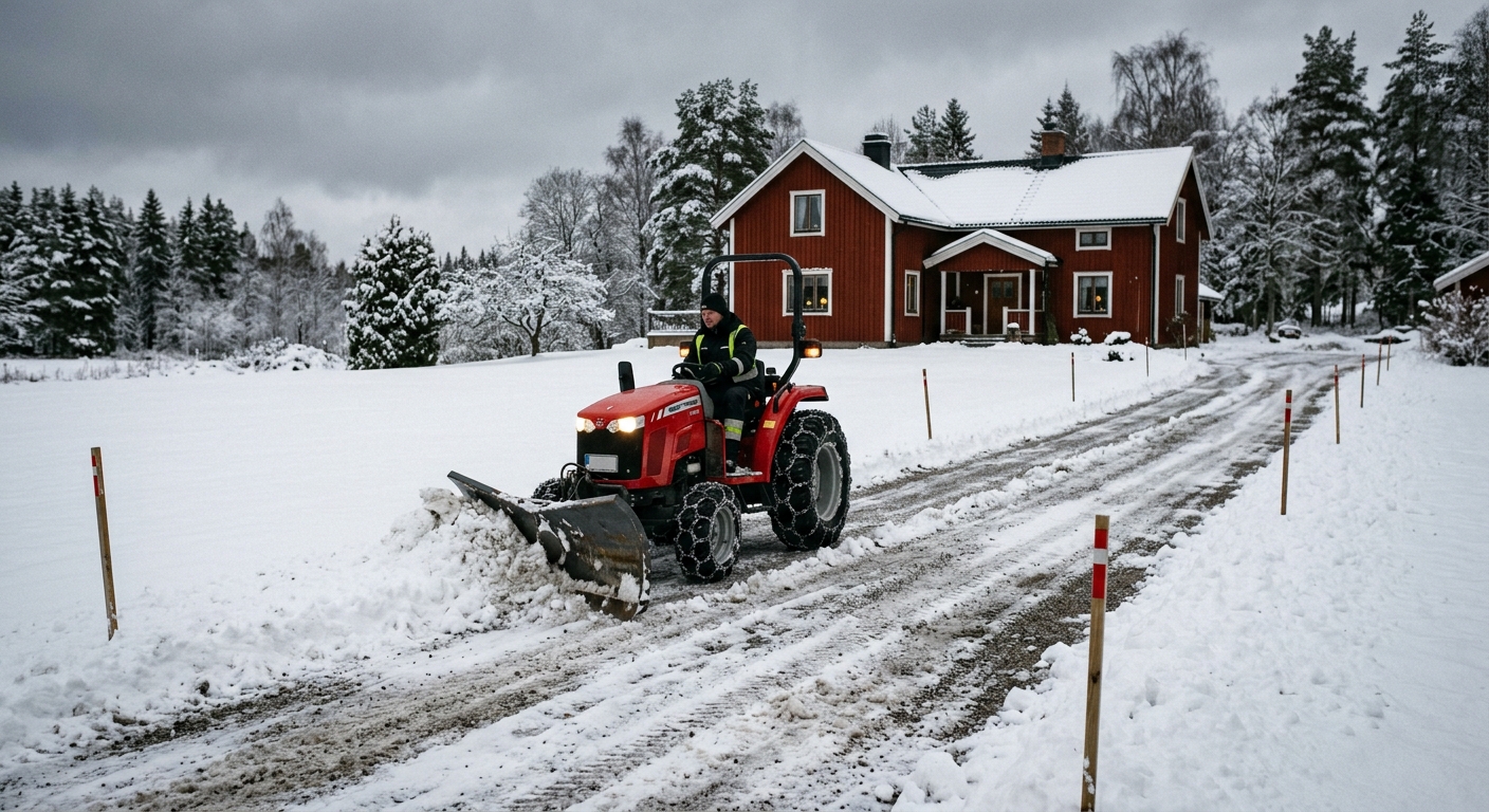 Kompakt traktor plogar en snötäckt villauppfart i svensk vintermiljö