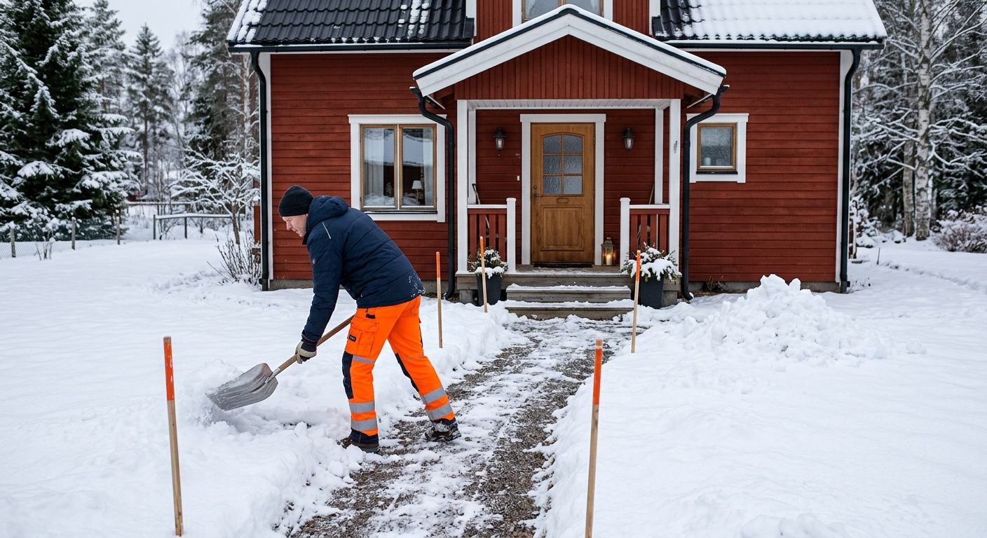 Handskottning av gångväg vid en svensk villa med markerade kanter