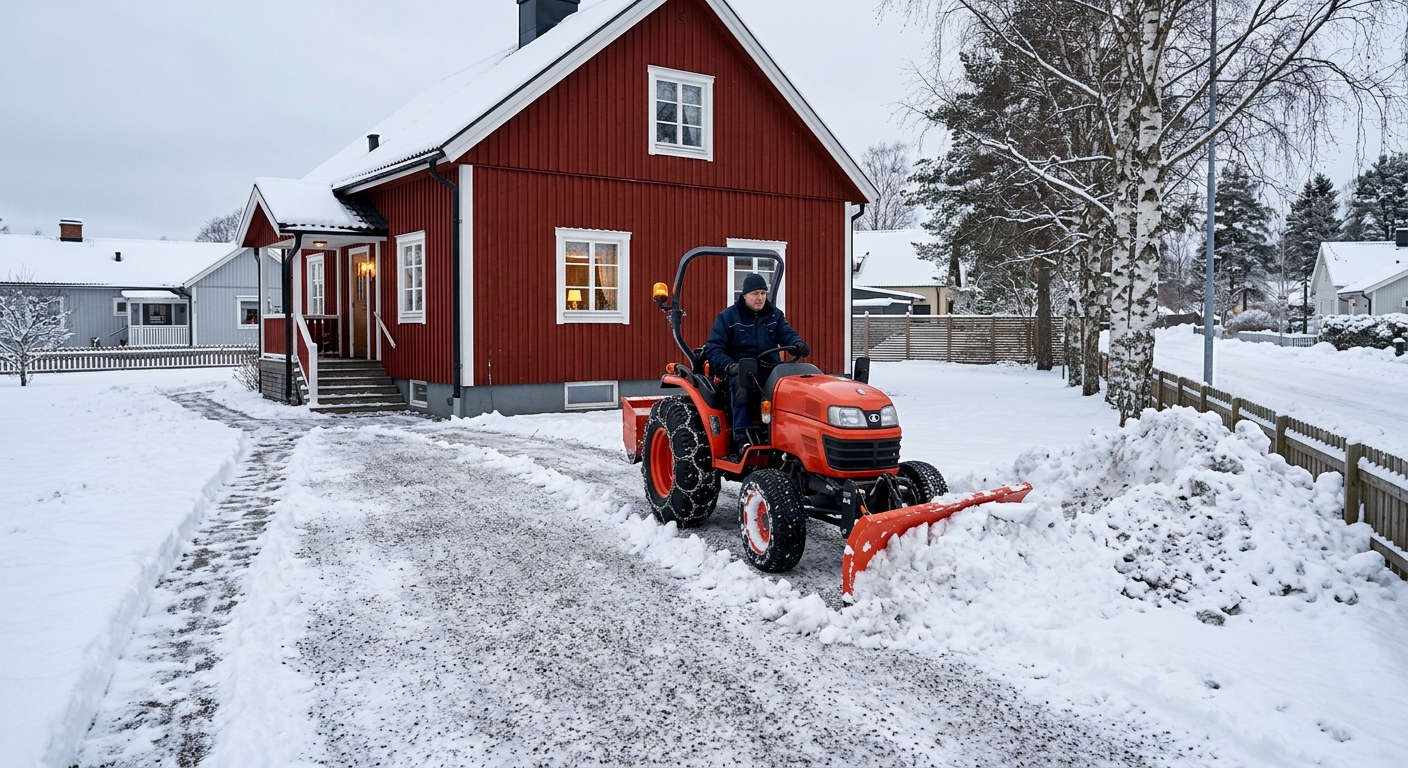Kompakt traktor med plog röjer snö på en bred uppfart framför en svensk villa.