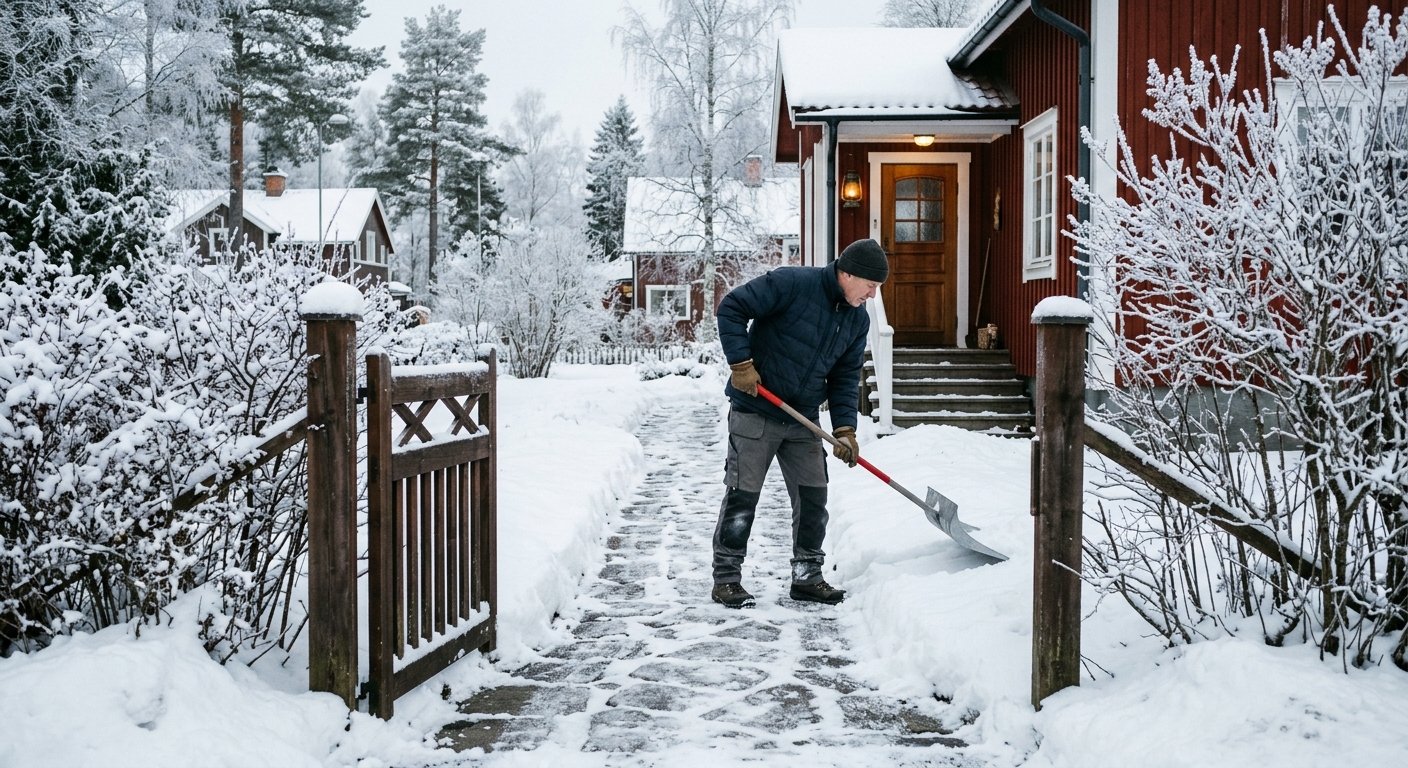 Person med snöskyffel skottar en gång mellan en villagrind och en entré.
