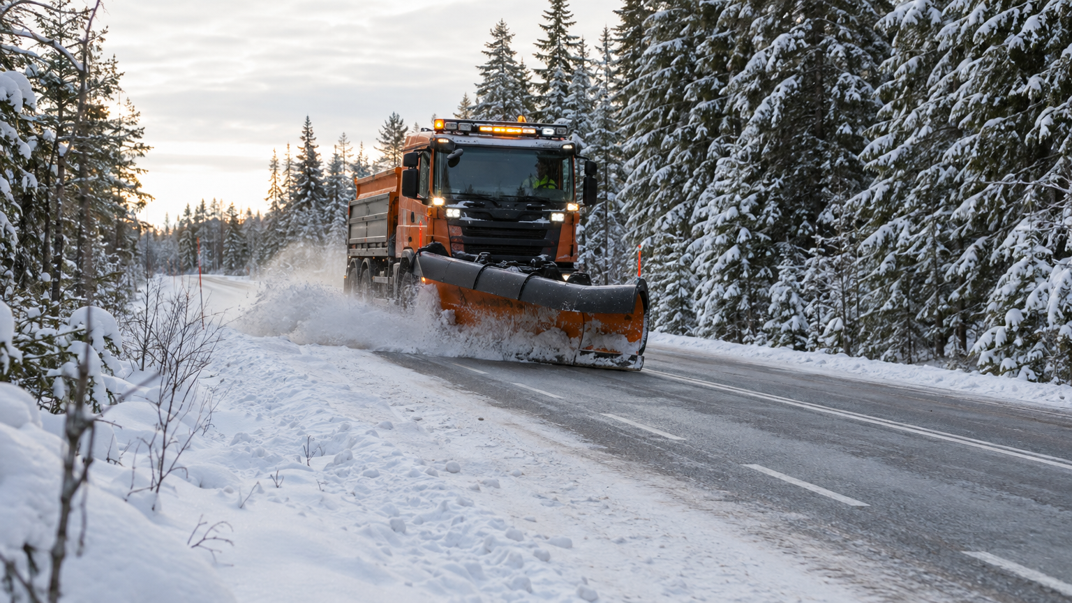 Plogbil som röjer snö på en landsväg med snötäckta granar vid vägkanten.