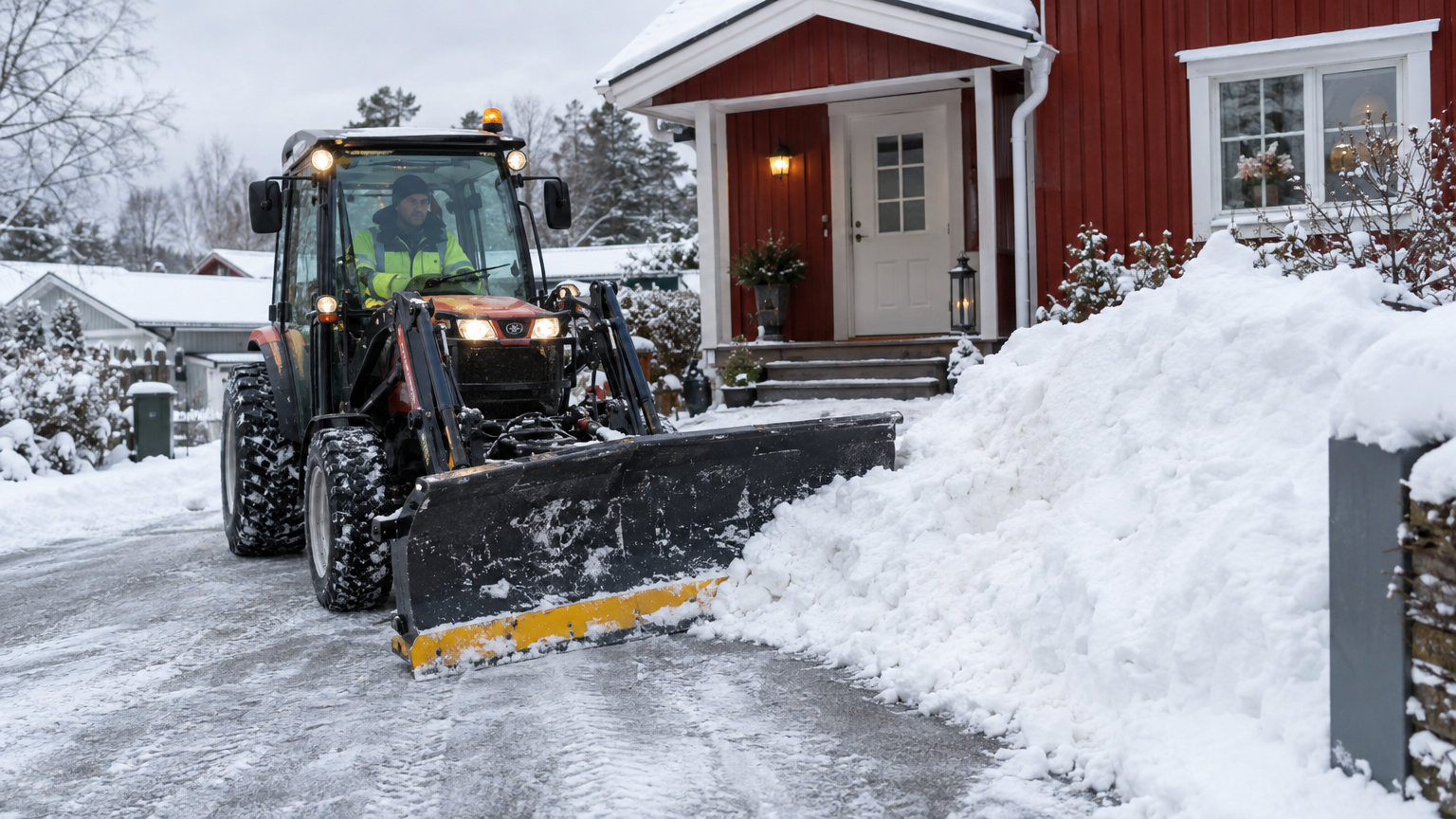 Kompakt traktor med snöblad som röjer en uppfart framför en svensk villa.