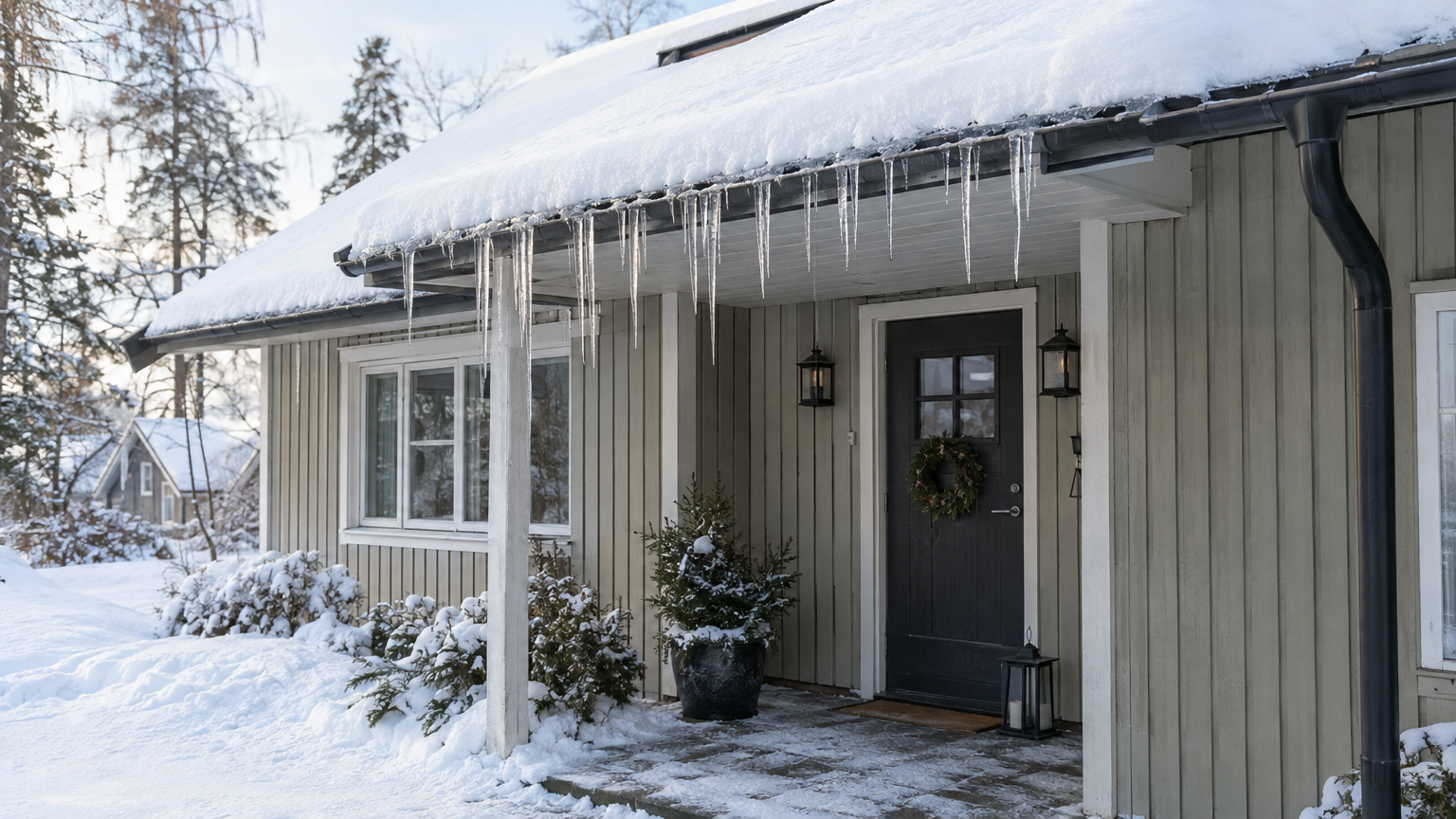 Snötäckt villatak med istappar längs takfoten ovanför en entré.