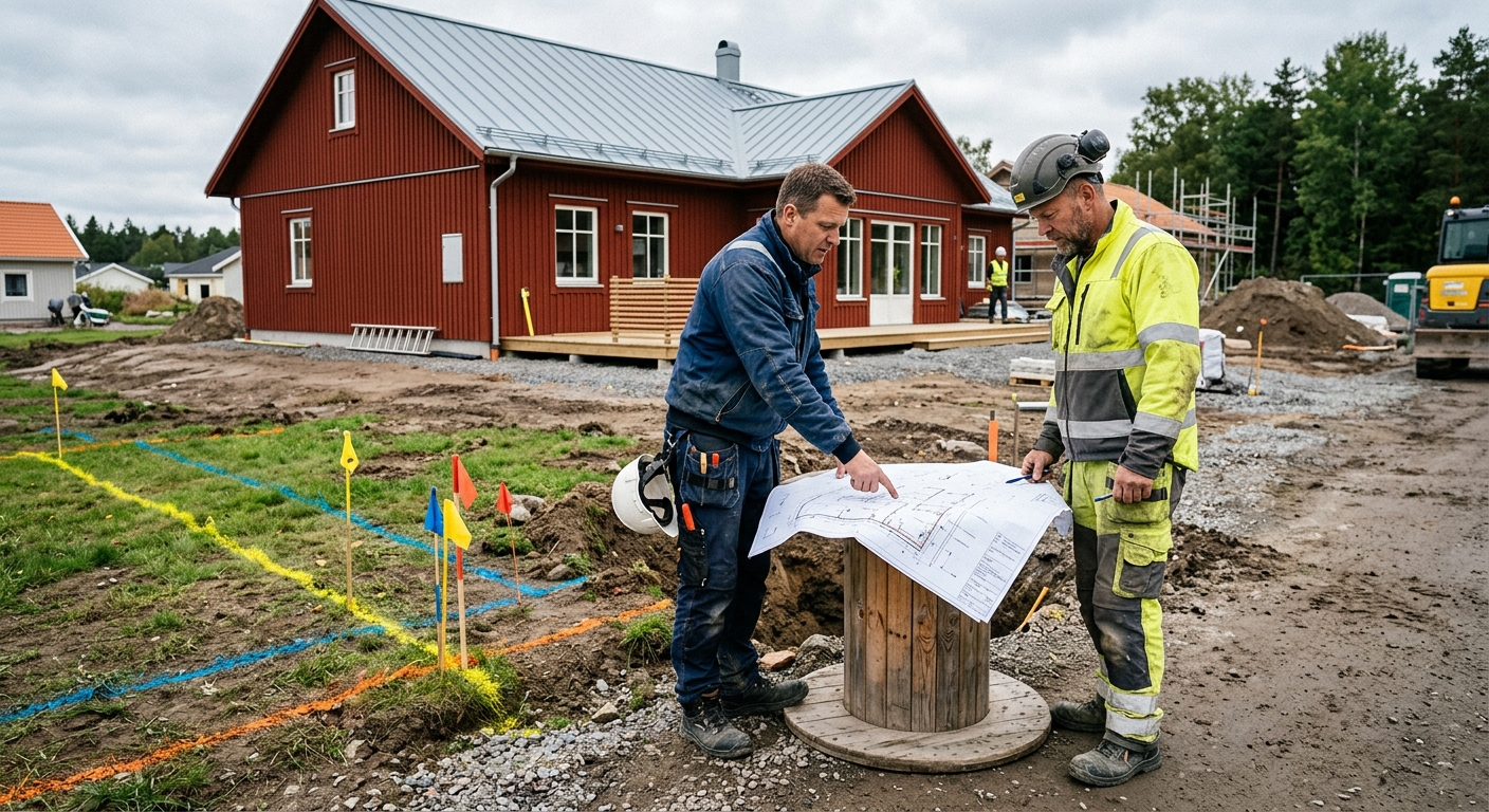 VA-entreprenör som granskar tomtkarta vid en villa inför ledningsdragning
