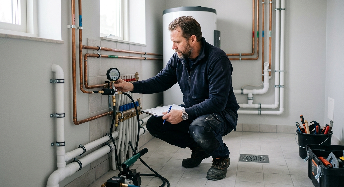 VVS-montör kontrollerar rörinstallation i ett teknikutrymme