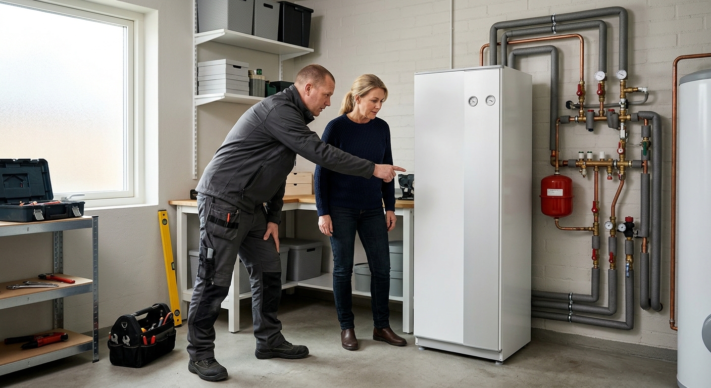 Installatör och villaägare går igenom röranslutningar vid en värmepump i ett teknikrum