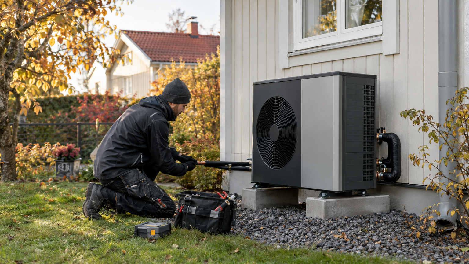 Luft-vattenvärmepump placerad utanför en svensk villa med träfasad.