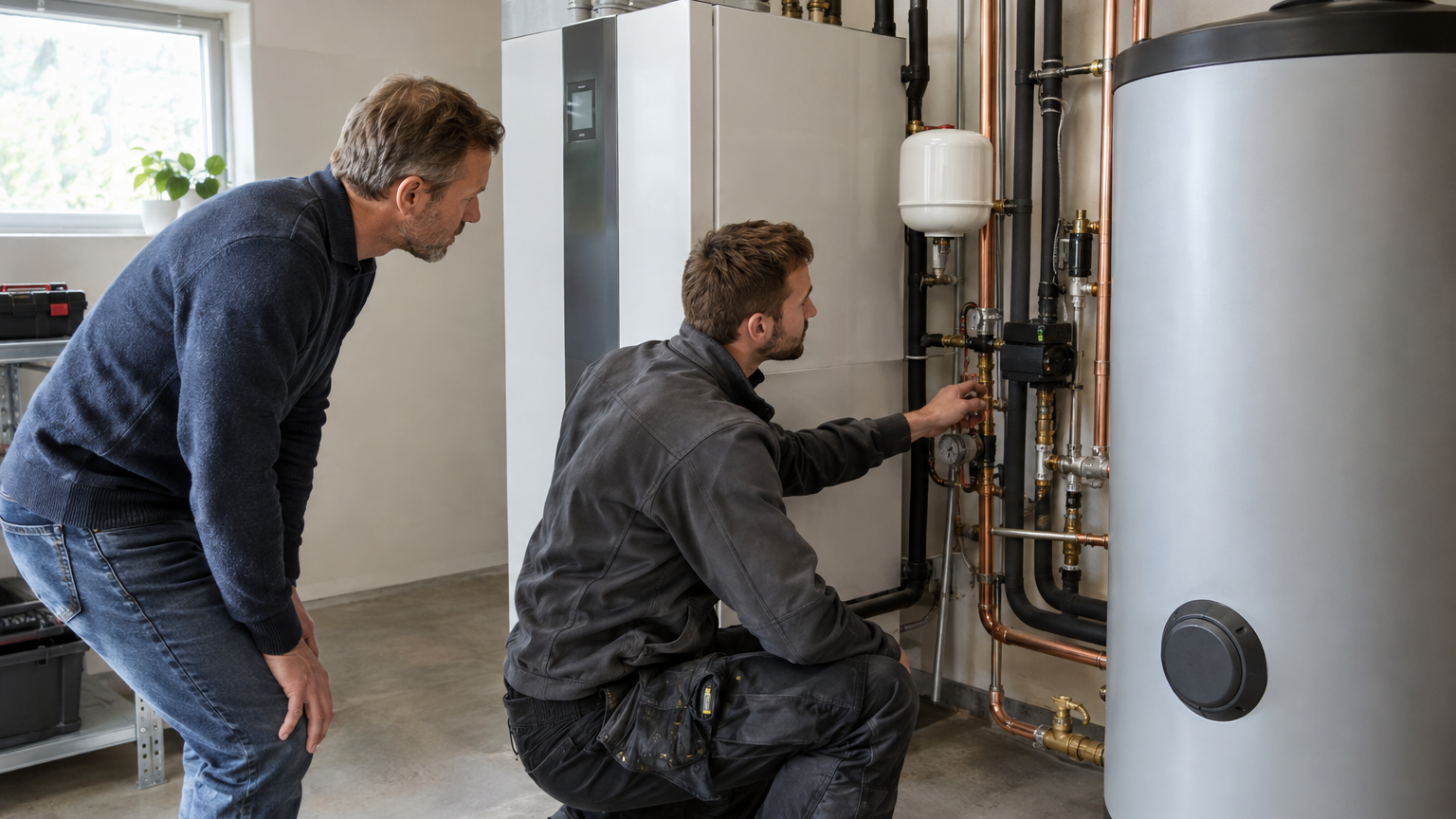 Installatör och husägare undersöker röranslutningar vid en värmepump i en villas teknikrum.