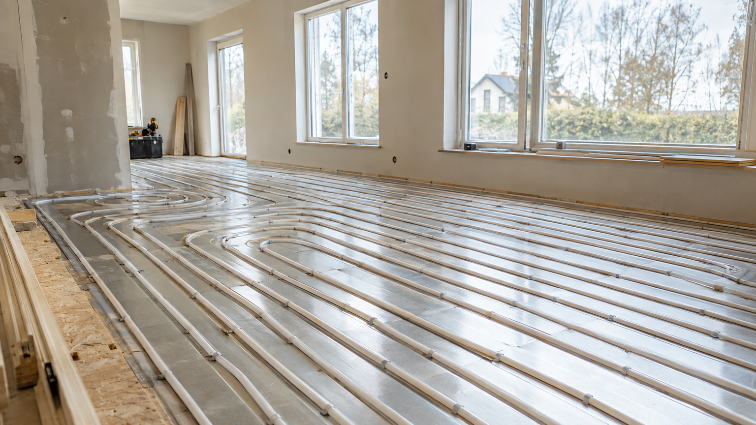 Vattenburna golvvärmerör lagda i spårade skivor under renovering av ett vardagsrum.