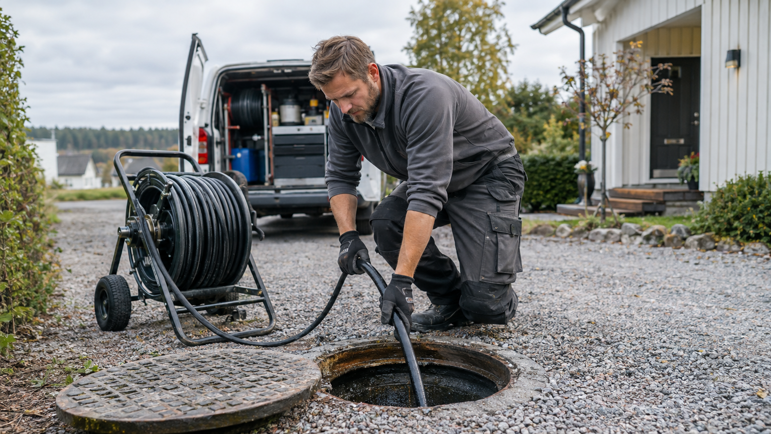 Tekniker med spolslang vid en öppen avloppsbrunn utanför en svensk villa