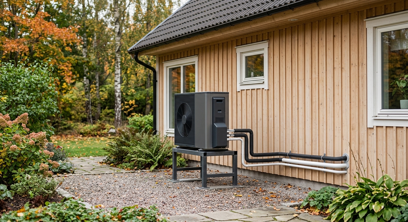 Utedel till en luft-vattenvärmepump på ett stabilt underlag vid en svensk villa.