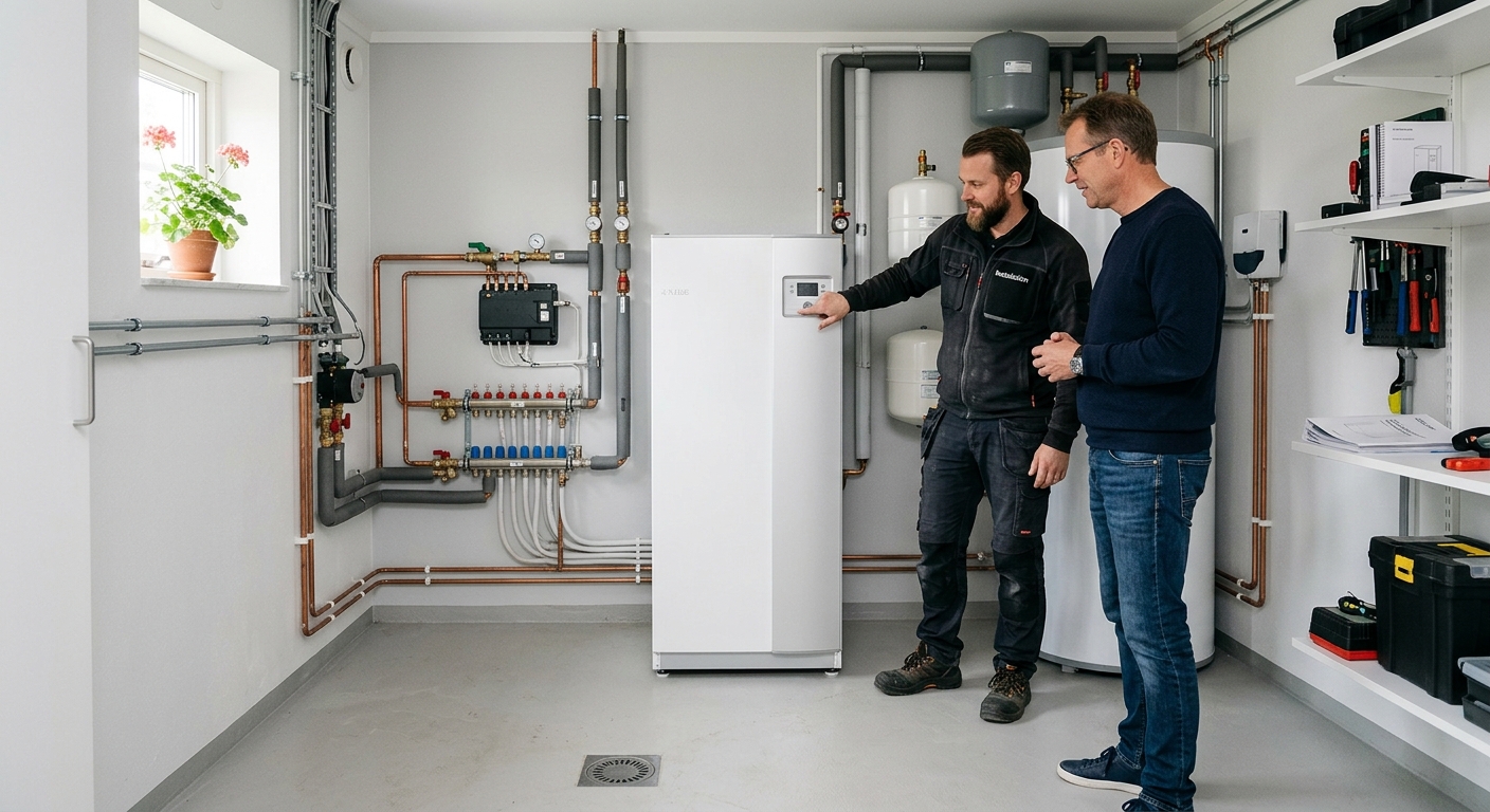 Installatör går igenom en bergvärmepump med en villaägare