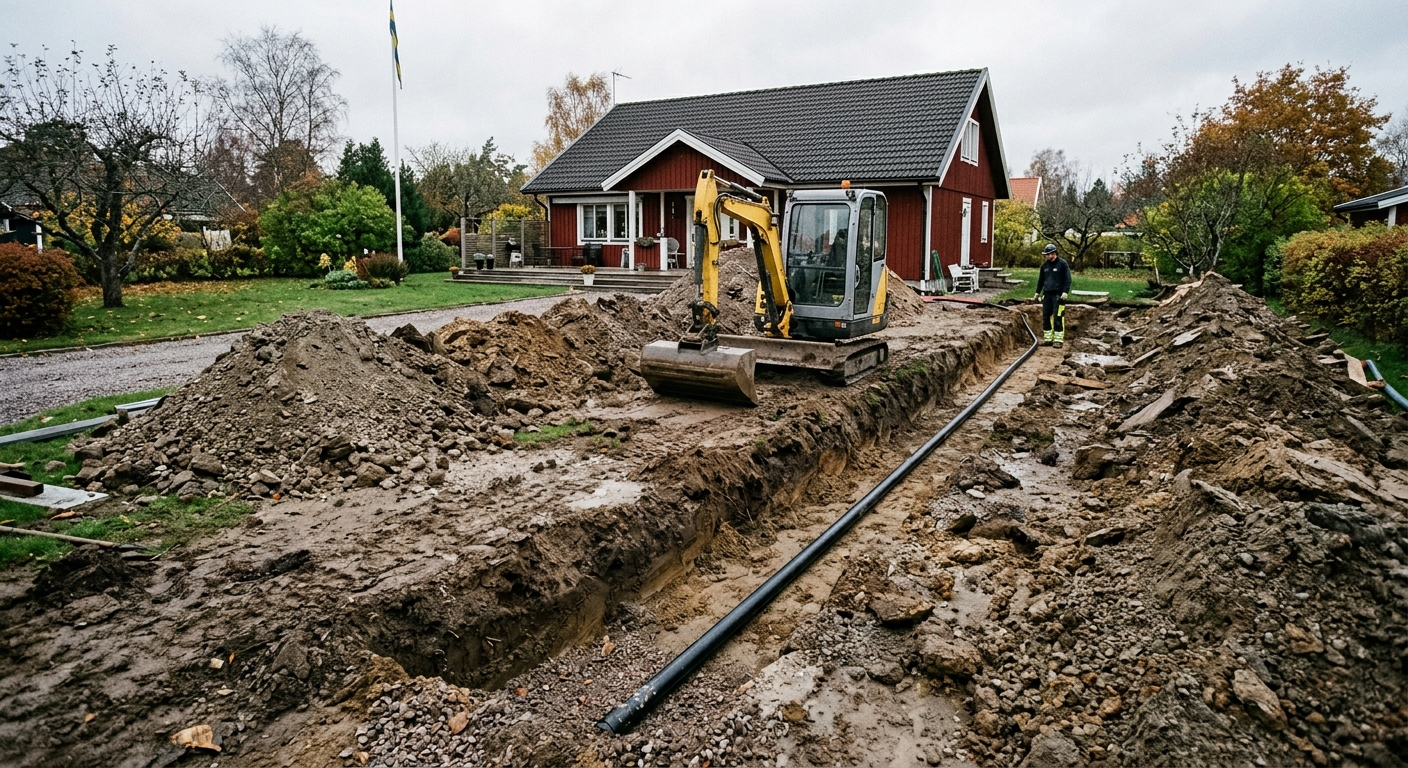 Grävmaskin vid öppna diken med svart kollektorslang på en svensk villatomt.