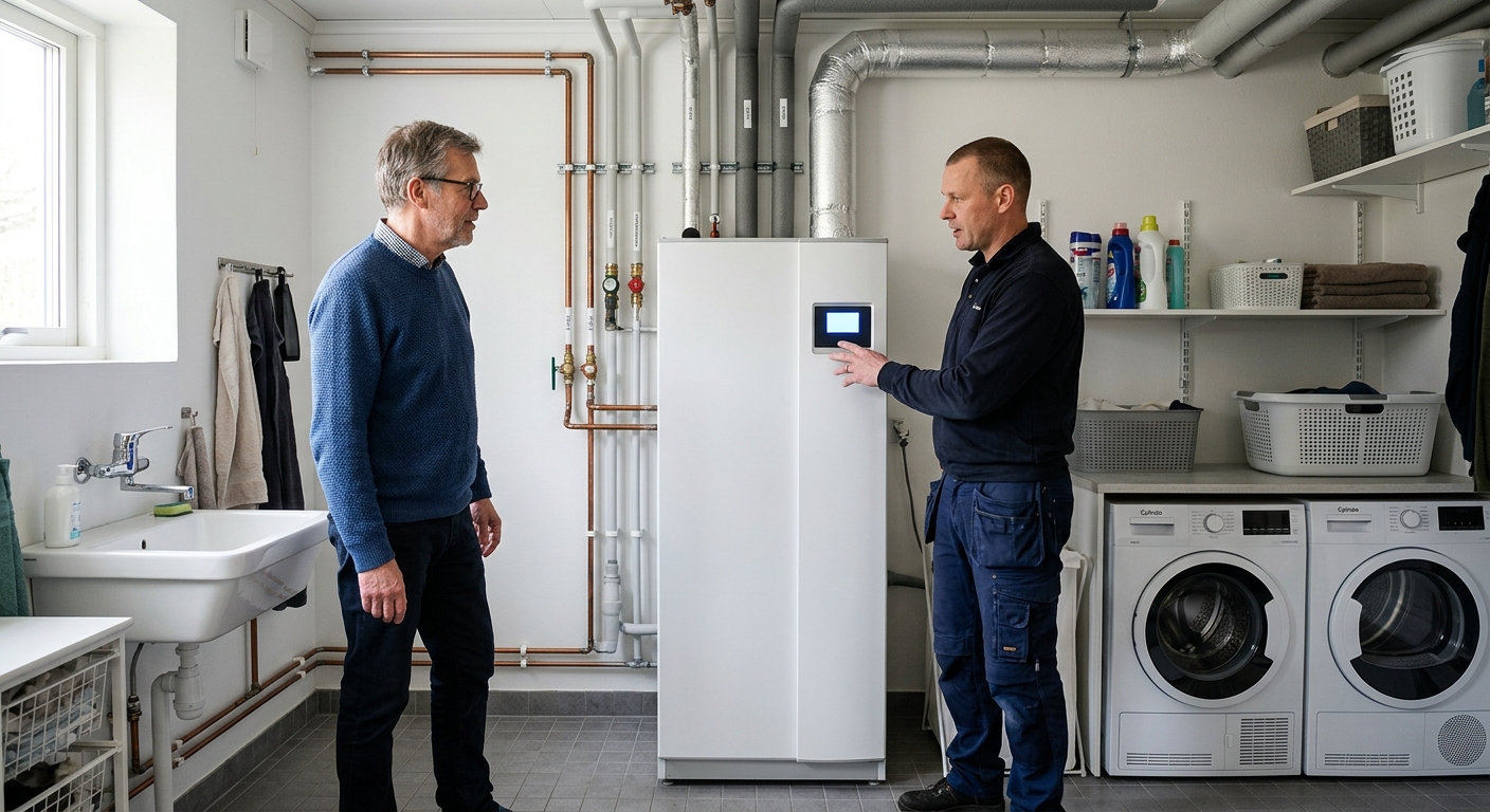 Villaägare får en genomgång av en nyinstallerad frånluftsvärmepump.