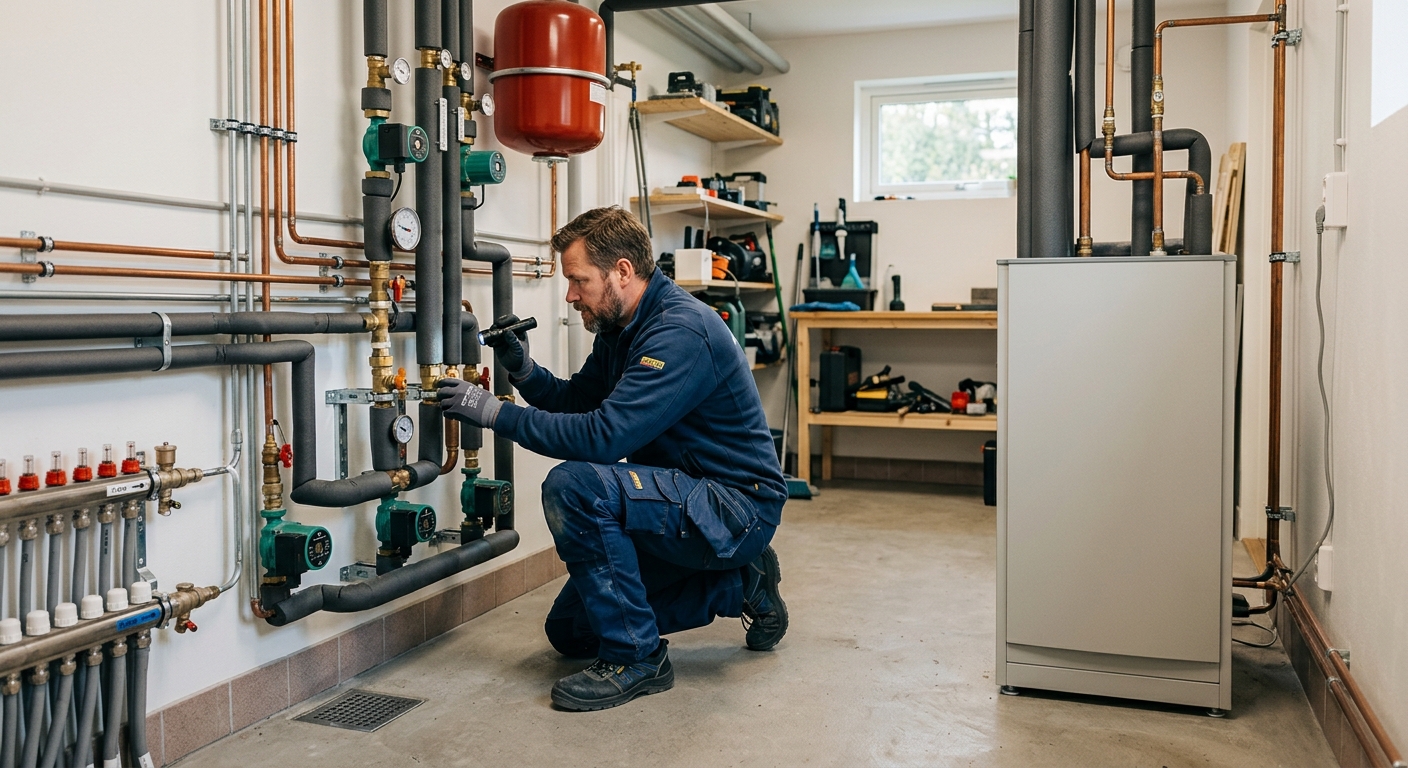 Installatör kontrollerar röranslutningar intill en bergvärmepump i en villas teknikrum.