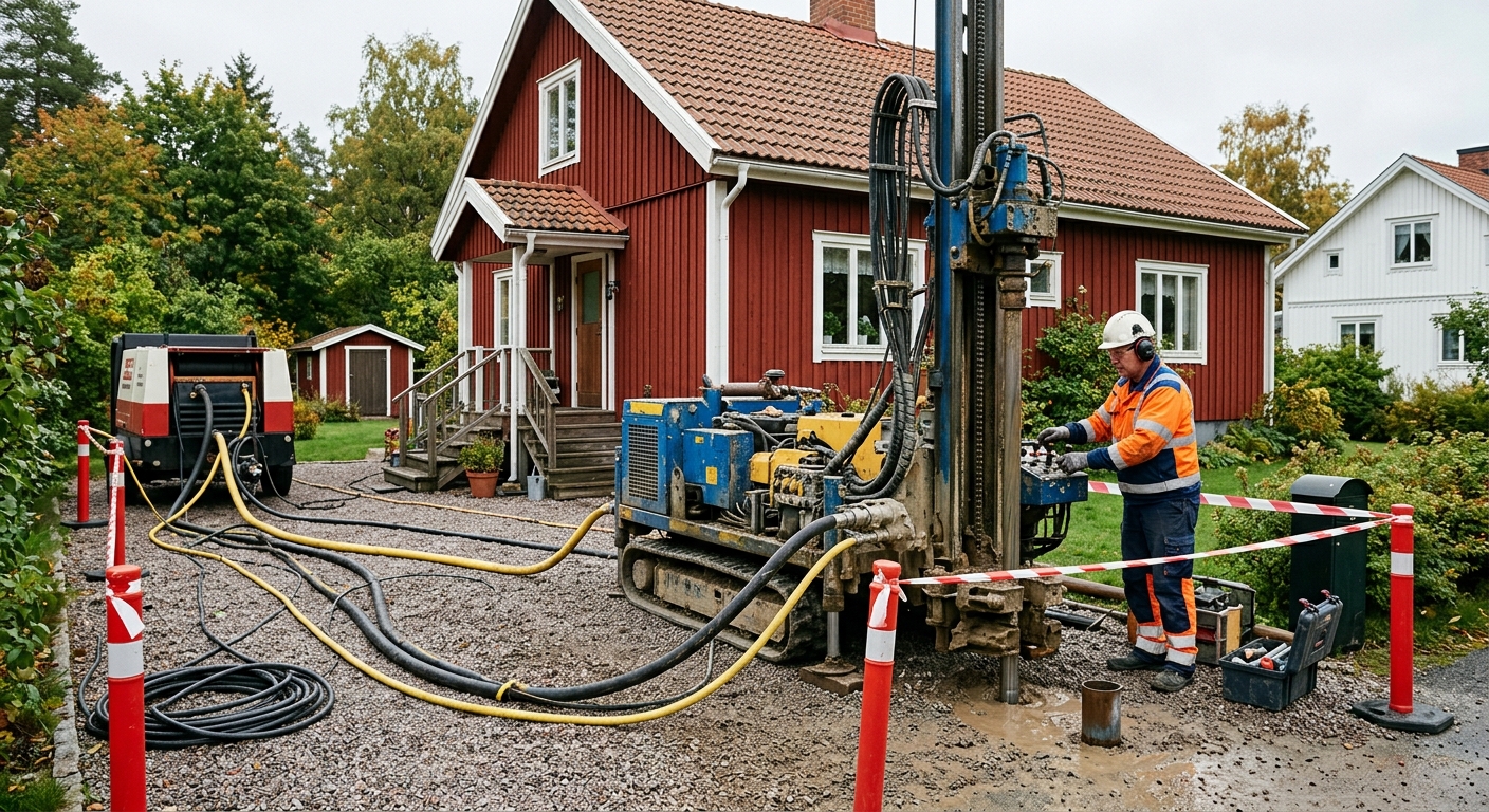 Borrigg uppställd på en grusad uppfart vid en svensk villa med en brunnsborrare intill.