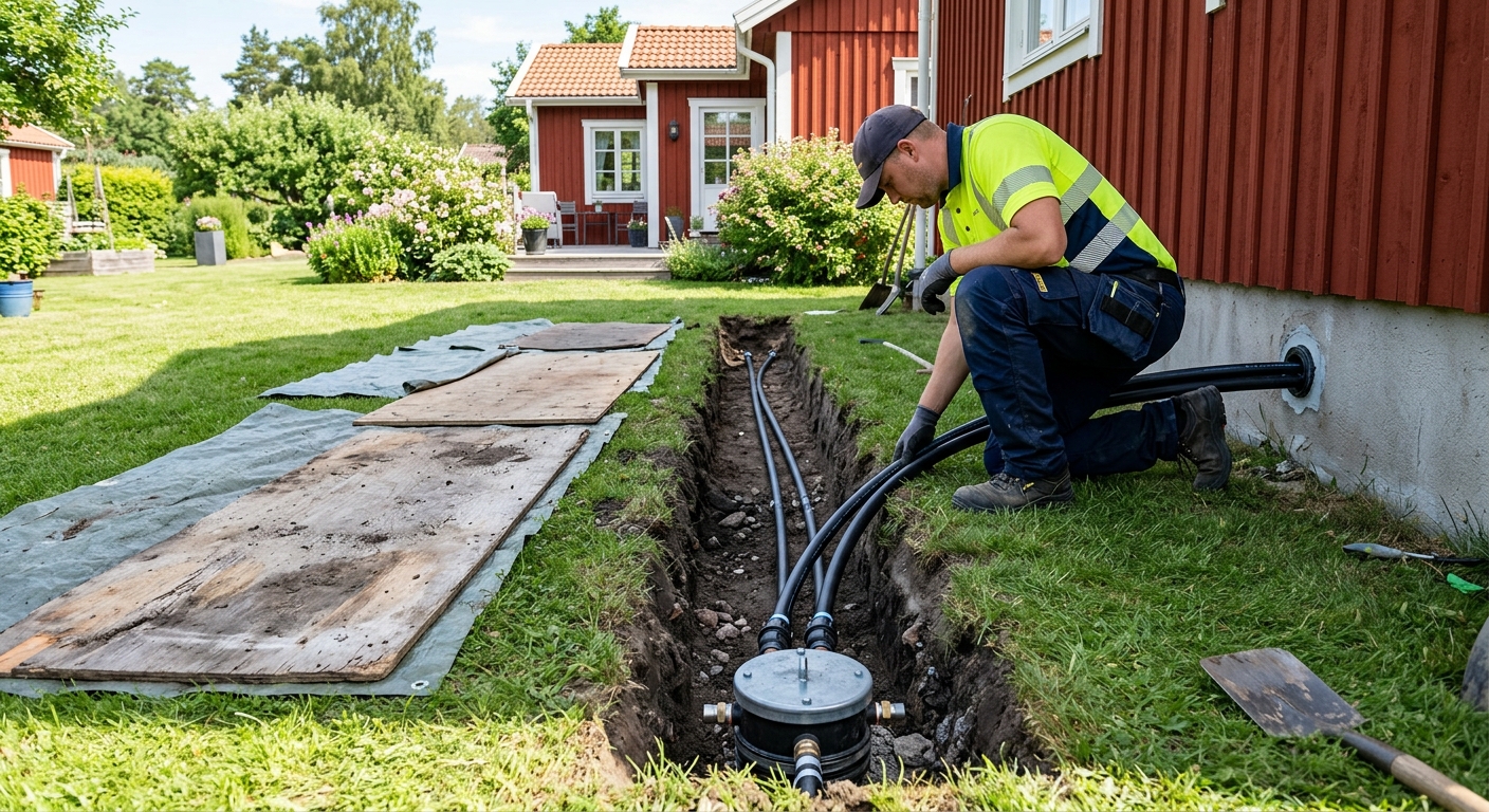 Kollektorslangar i ett öppet schakt mellan en energibrunn och en svensk villas grund.