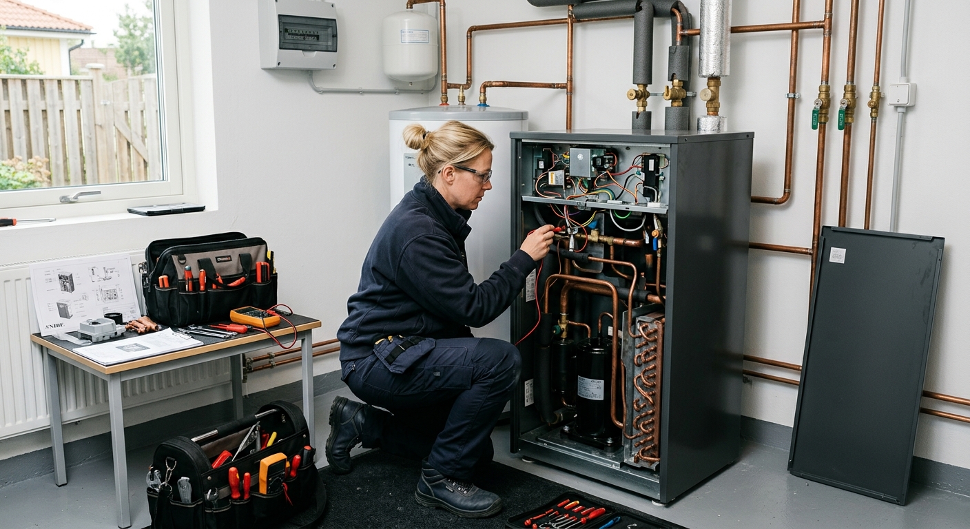 Servicetekniker undersöker en öppnad värmepump i ett villateknikrum.