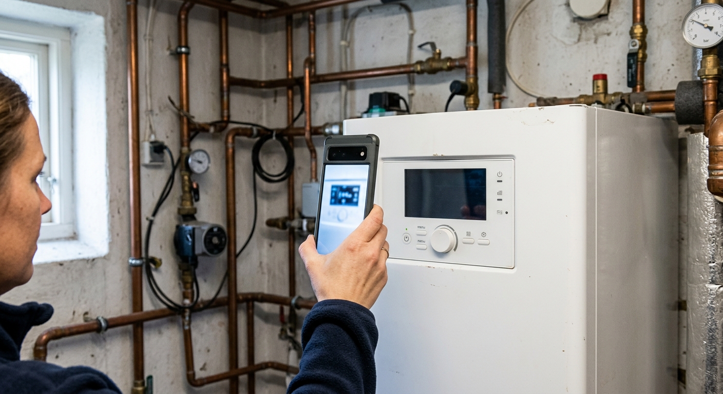 Villaägare som fotograferar värmepumpens manöverpanel med en mobiltelefon.
