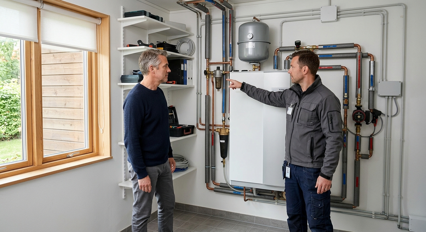 Villaägare och servicetekniker undersöker en bergvärmepump och rören i ett teknikrum.