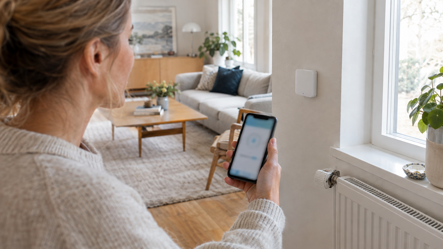 Villaägare håller en mobiltelefon intill en väggmonterad rumsgivare i ett vardagsrum.