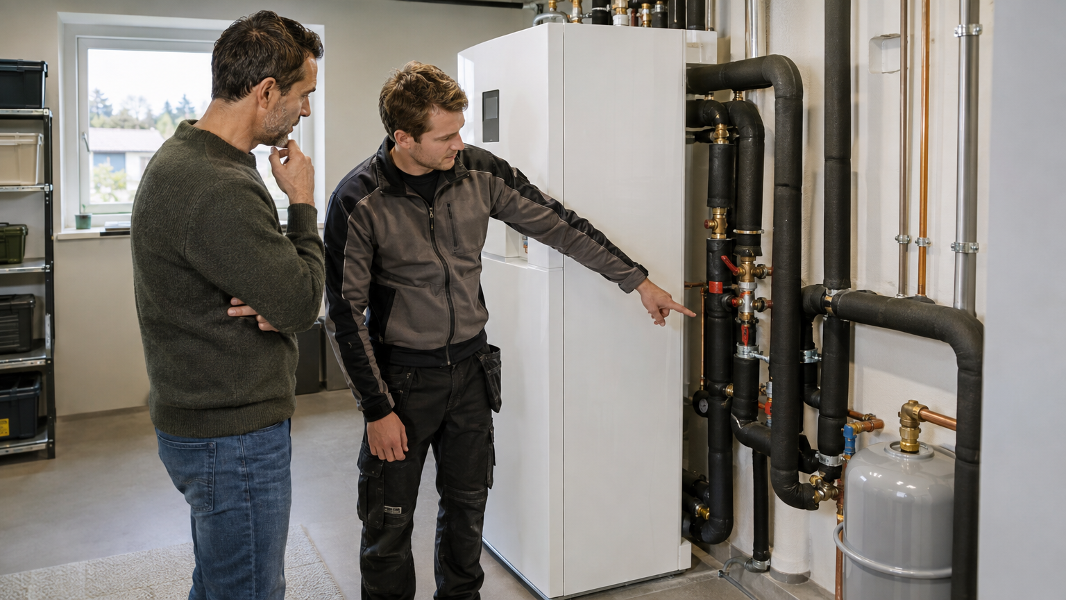 Villaägare och installatör tittar på en värmepumps innedel i ett ljust teknikrum.