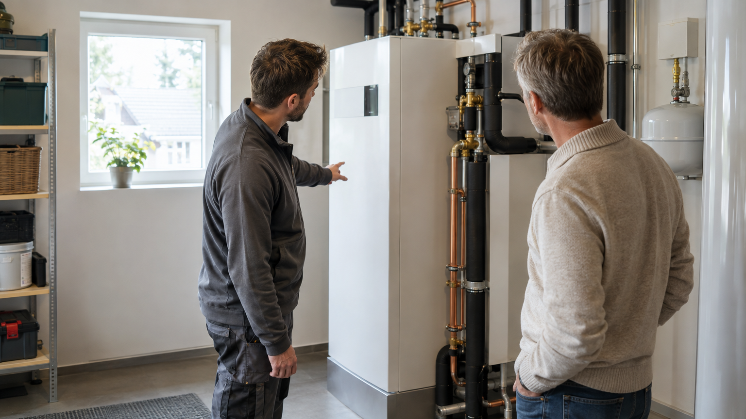 Rådgivare och villaägare tittar på en värmepump i en villas teknikrum.