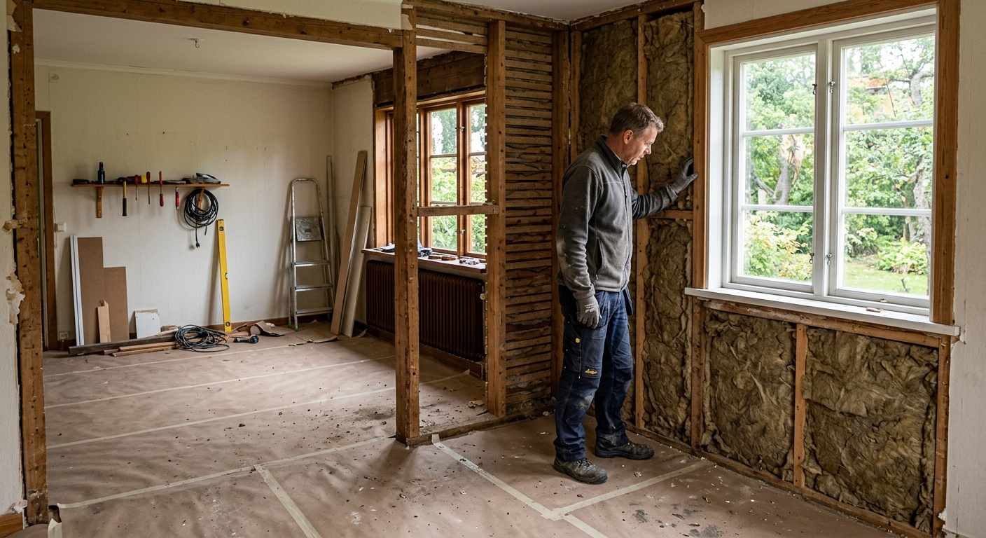 Öppnad yttervägg från insidan i en svensk villa inför invändig väggisolering