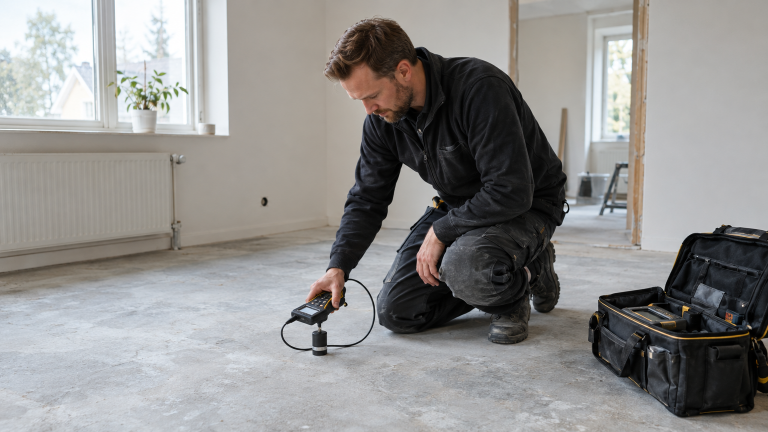 Tekniker undersöker en exponerad betongyta med mätutrustning i ett rum under renovering.