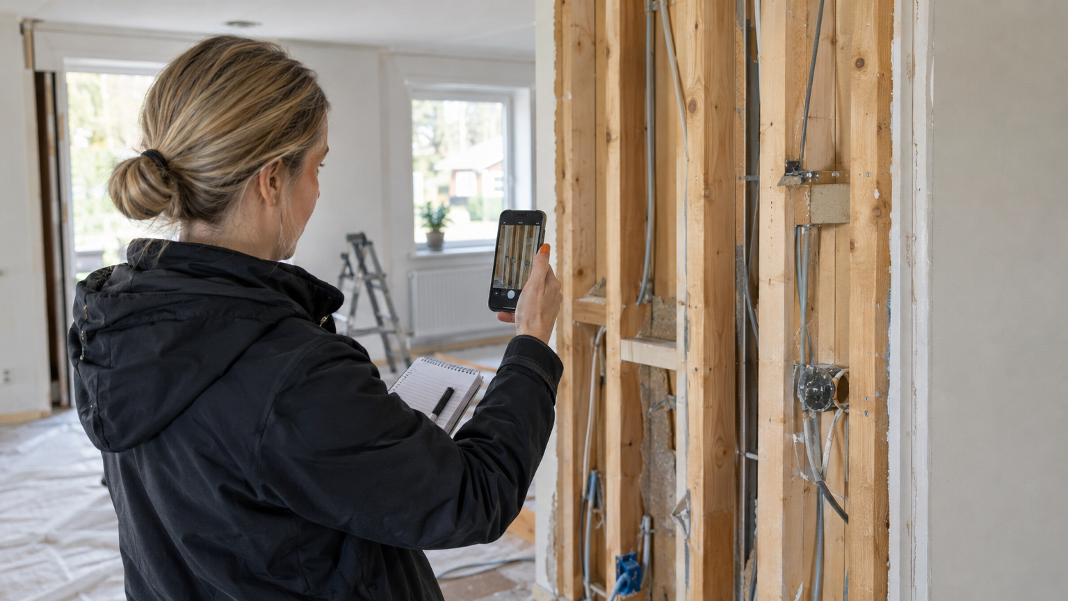 En besiktningsperson fotograferar frilagda träreglar och antecknar vid en öppen vägg i en villa.