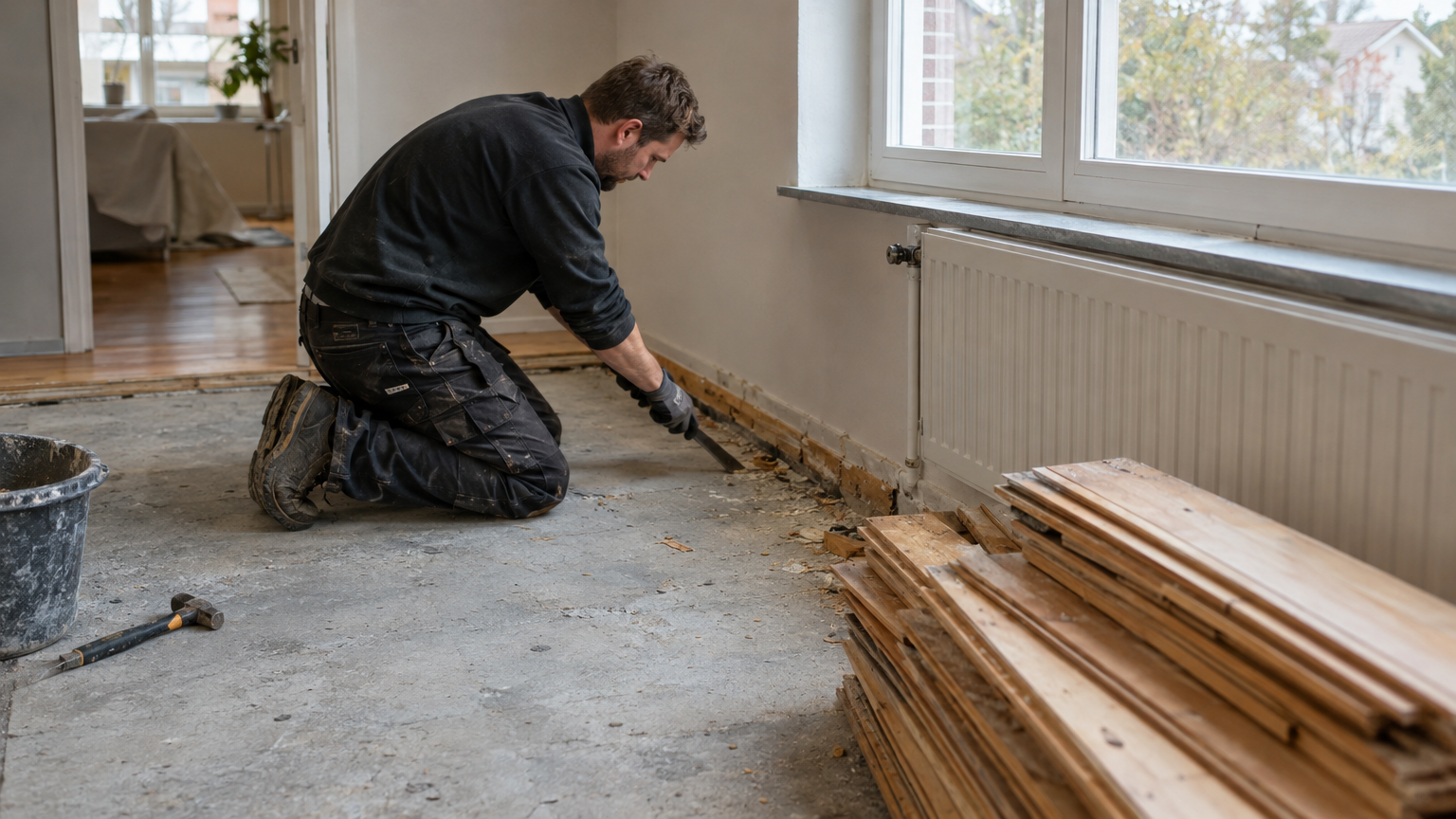 Frilagd betongplatta i ett svenskt småhus med borttaget golv intill en yttervägg.