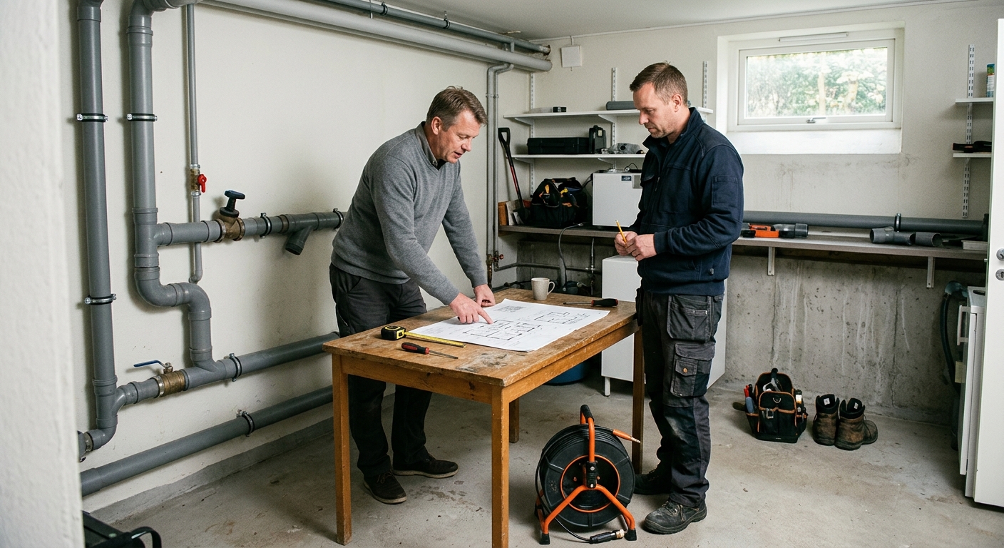 Villaägare och tekniker går igenom avloppssystemets sträckning i ett svenskt hus
