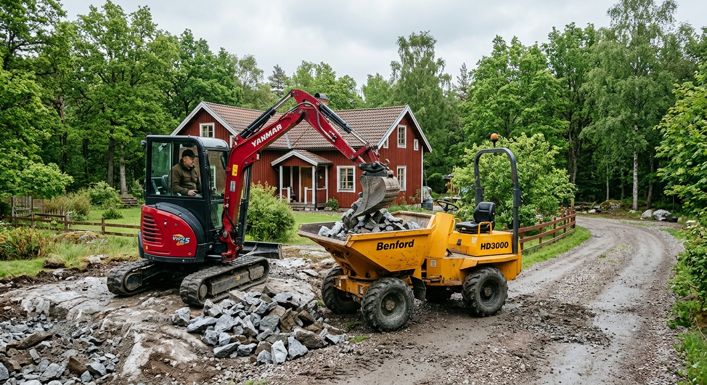 Minigrävare som lastar lossade bergstycken i en dumper på en villatomt.