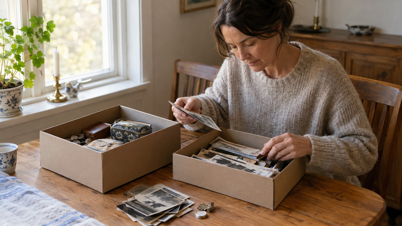 En person sorterar fotografier och personliga föremål vid ett matbord med öppna kartonger.