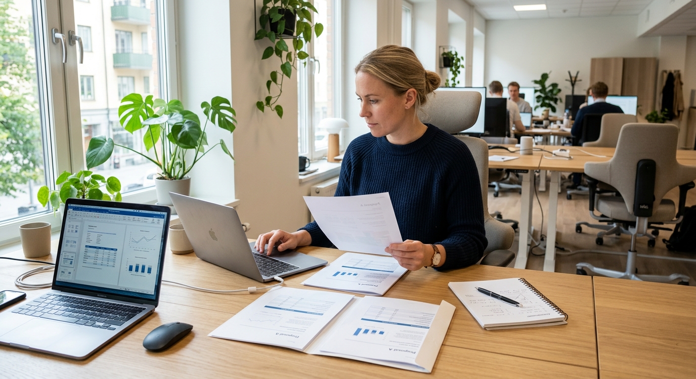 Person jämför offerter och budgetunderlag på laptop