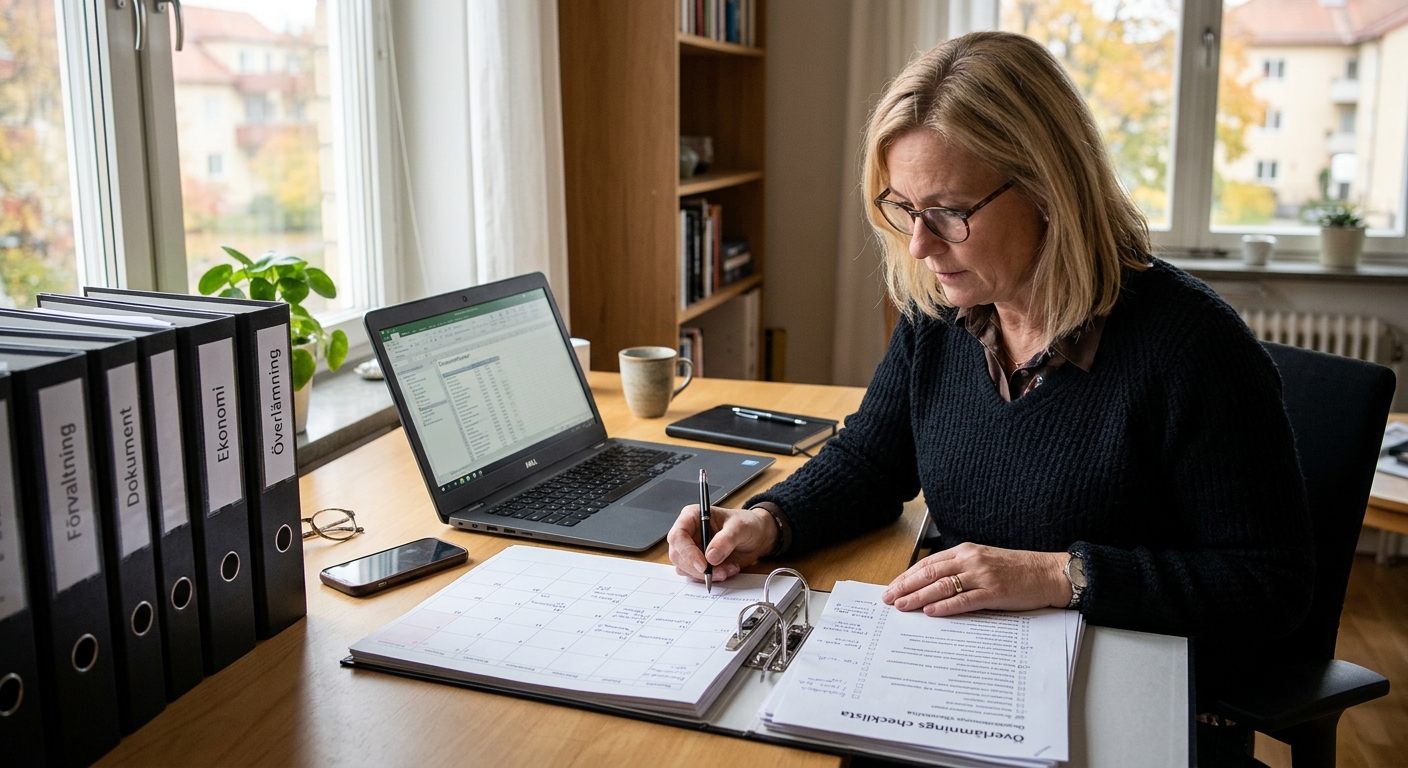 Styrelsemedlem planerar byte av ekonomisk förvaltare med dokument och kalender